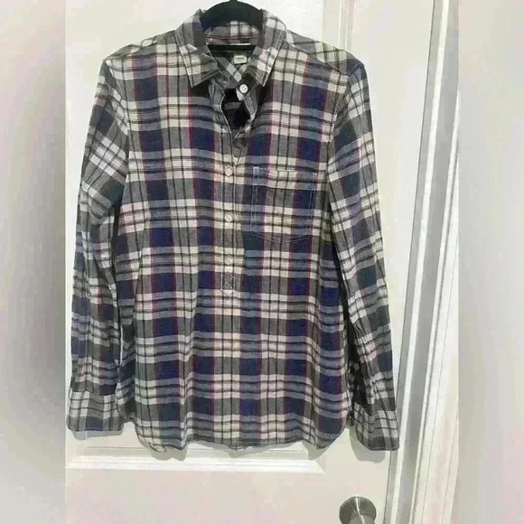 J CREW WOMEN BOY FIT BLUE WHITE PLAID tunic BUTTON UP LONG SLEEVE SHIRT SIZE XS - Picture 1 of 4